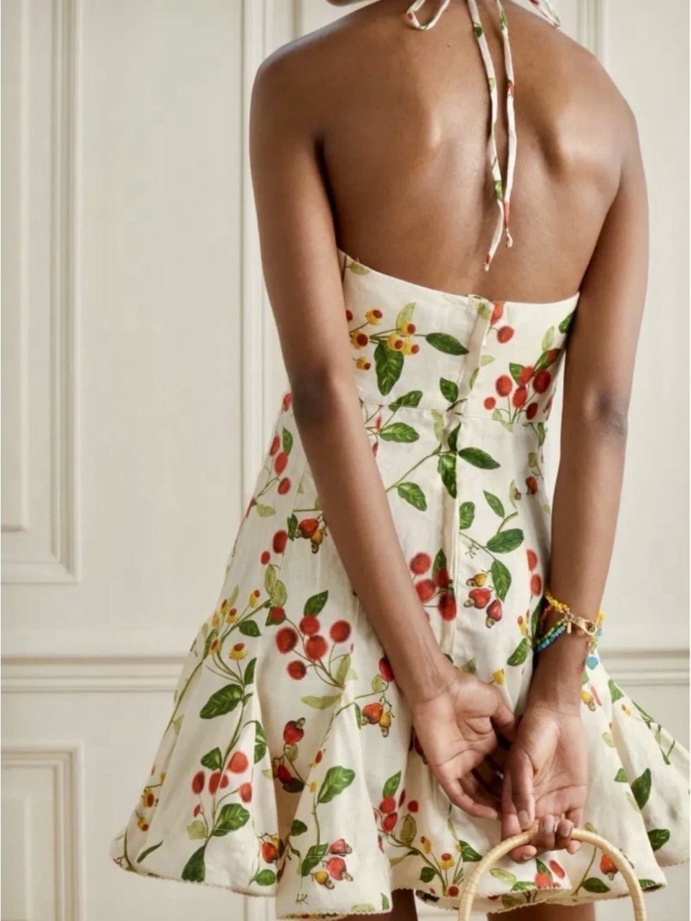 Agua Bendita Cream Floral Strapless Mini Dress with Red & Green - Picture 3 of 7